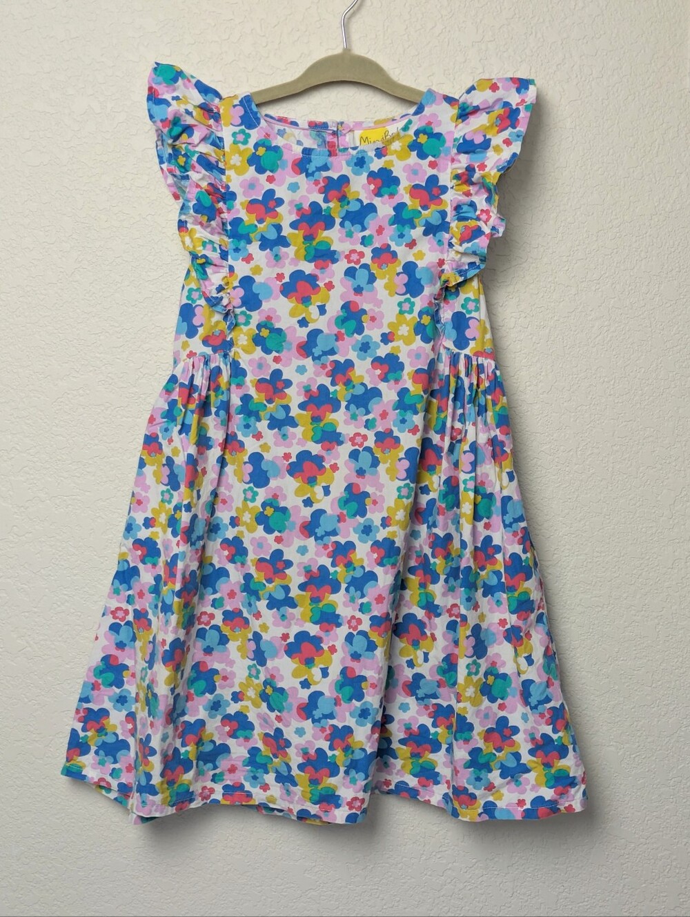 Mini Boden Multi Color Floral Dress 5-6Y With Flutter Sleeves